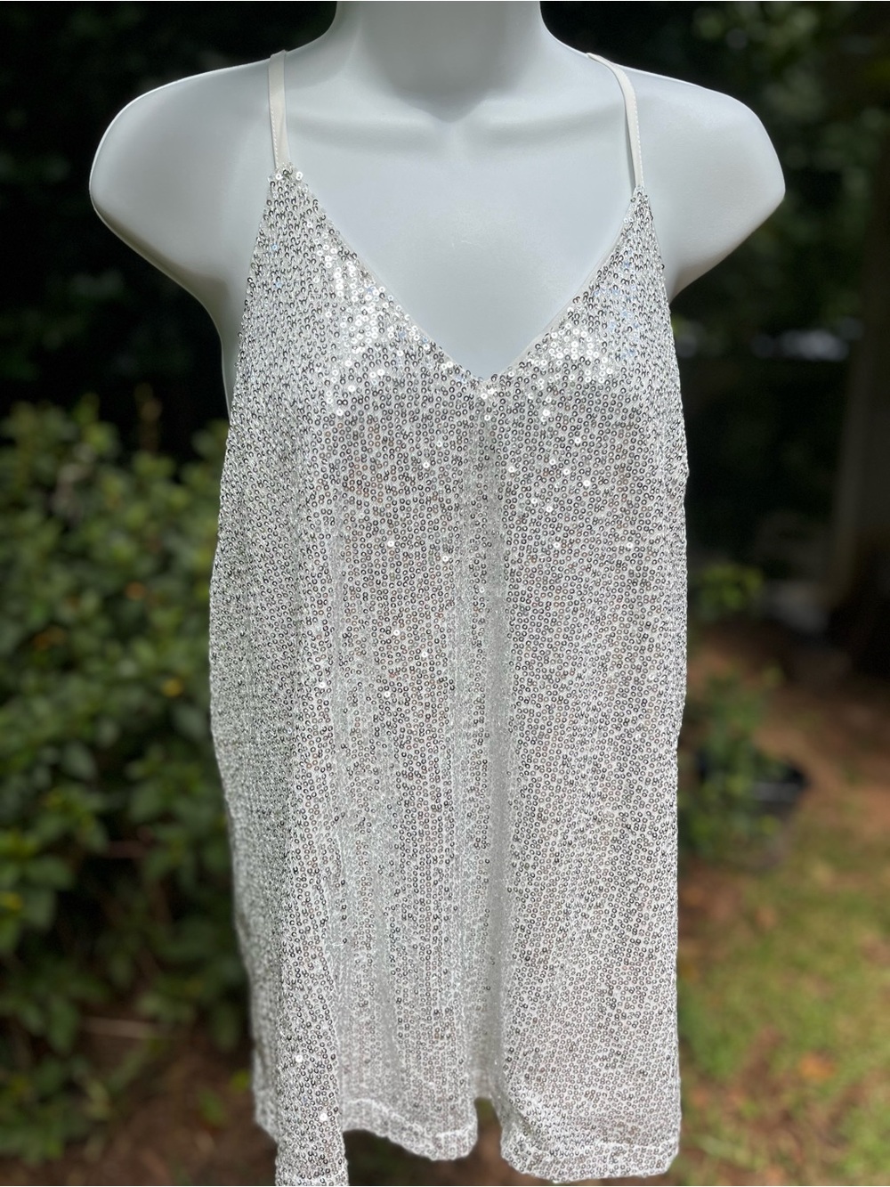 Sequin V-Neck Cami Top with great back in Silver. XL